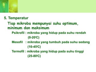 5. Temperatur
Tiap mikroba mempunyai suhu optimum,
minimum dan maksimum
Psikrofil : mikroba yang hidup pada suhu rendah
(0-200
C)
Mesofil : mikroba yang tumbuh pada suhu sedang
(10-450
C)
Termofil : mikroba yang hidup pada suhu tinggi
(25-800
C)
 