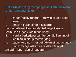Faktor-faktor yang mempengaruhi kadar kelahiran
rendah (Negara maju)

i.    kadar fertility rendah – kahwin di usia yang
      lewat
ii.   amalan perancangan keluarga-
mengehadkan bilangan ahli keluarga kerana
kesibukan tugas / kos hidup tinggi
iii.  wanita berkerjaya dan berpendidikan tinggi –
      lebih suka hidup membujang
iv.   dasar kerajaan mengehadkan bilangan anak
      untuk mengelakkan kesesakan tempat
tinggal – jepun dan singapura
 