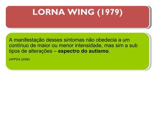LORNA WING (1979) A manifestação desses sintomas não obedecia a um contínuo de maior ou menor intensidade, mas sim a sub tipos de alterações –  espectro do autismo . (APPDA (2006) 