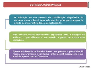 Por se tratar de um diagnóstico complexo, este deve ser realizado por um profissional da área  da medicina com experiência clínica; A aplicação de um sistema de classificação diagnóstica do autismo, claro e fiável, tem sido um dos principais campos de estudo de maior dificuldade e complexidade;  Não existem testes laboratoriais específicos para a deteção do autismo o que dificulta o seu estudo a partir de marcadores biológicos; Apesar da deteção de indícios fortes  ser possível a partir dos 18 meses, ela raramente é conclusiva  antes dos 24 meses, sendo que a média aponta para os 30 meses; MELLO (2005)  CONSIDERAÇÕES PRÉVIAS 