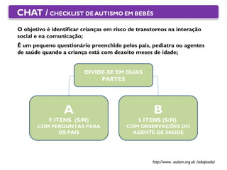 O objetivo é identificar crianças em risco de transtornos na interação social e na comunicação; É um pequeno questionário preenchido pelos pais, pediatra ou agentes de saúde quando a criança está com dezoito meses de idade; A 9 ITENS  (S/N) COM PERGUNTAS PARA OS PAIS B 5 ITENS (S/N)  COM OBSERVAÇÕES DO AGENTE DE SAÚDE DIVIDE-SE EM DUAS PARTES http://www. autism.org.uk (adaptado) 