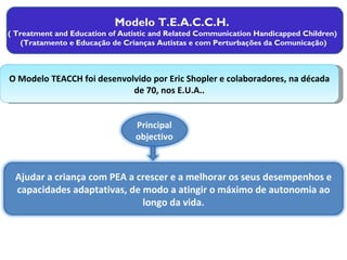 Modelo T.E.A.C.C.H.  ( Treatment and Education of Autistic and Related Communication Handicapped Children)  (Tratamento e Educação de Crianças Autistas e com Perturbações da Comunicação) O Modelo TEACCH foi desenvolvido por Eric Shopler e colaboradores, na década de 70, nos E.U.A.. Principal objectivo Ajudar a criança com PEA a crescer e a melhorar os seus desempenhos e capacidades adaptativas, de modo a atingir o máximo de autonomia ao longo da vida. 