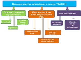 Promove o ensino de capacidades de: Prazer na  partilha social Centra-se nas áreas fortes das pessoas com PEA Comunicação Organização Pode ser adaptado  necessidades individuais diferentes níveis  de funcionamento interesses especiais  memorização de rotinas funcionais processamento  visual  Numa perspectiva educacional, o modelo TEACCH  