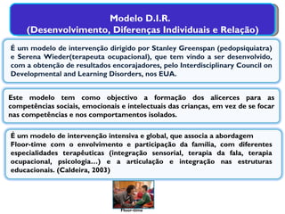 Modelo D.I.R.    (Desenvolvimento, Diferenças Individuais e Relação) É um modelo de intervenção dirigido por Stanley Greenspan (pedopsiquiatra) e Serena Wieder(terapeuta ocupacional), que tem vindo a ser desenvolvido, com a obtenção de resultados encorajadores, pelo Interdisciplinary   Council on Developmental and Learning Disorders , nos EUA. É um modelo de intervenção intensiva e global, que associa a abordagem  Floor-time com o envolvimento e participação da família, com diferentes especialidades terapêuticas (integração sensorial, terapia da fala, terapia ocupacional, psicologia…) e a articulação e integração nas estruturas educacionais. (Caldeira, 2003) Este modelo tem como objectivo a formação dos alicerces para as competências sociais, emocionais e intelectuais das crianças, em vez de se focar nas competências e nos comportamentos isolados. Floor-time 