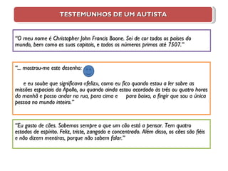 “ O meu nome é Christopher John Francis Boone. Sei de cor todos os países do mundo, bem como as suas capitais, e todos os números primos até 7507.”   “ ... mostrou-me este desenho:     e eu soube que significava «feliz», como eu fico quando estou a ler sobre as missões espaciais da Apollo, ou quando ainda estou acordado às três ou quatro horas da manhã e posso andar na rua, para cima e  para baixo, a fingir que sou a única pessoa no mundo inteiro.”   “ Eu gosto de cães. Sabemos sempre o que um cão está a pensar. Tem quatro estados de espírito. Feliz, triste, zangado e concentrado. Além disso, os cães são fiéis e não dizem mentiras, porque não sabem falar.” TESTEMUNHOS DE UM AUTISTA 
