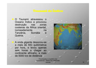 Tsunami do Índico
O Tsunami atravessou o
Oceano Índico e provocou
destruição
nas
zonas
costeiras da África oriental,
nomeadamente
na
Tanzânia,
Somália
e
Quénia.
Quénia.
A onda gigante deslocou-se
deslocoua mais de 500 quilómetros
por hora, e levou apenas
seis horas a chegar ao
continente africano, a mais
de 5000 km de distância.
distância.
Perturbações no equilíbrio dos
ecossistemas - Efeitos das catástrofes
naturais

10

 