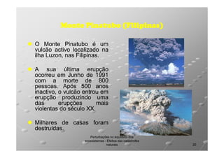 Monte Pinatubo (Filipinas)
O Monte Pinatubo é um
vulcão activo localizado na
ilha Luzon, nas Filipinas.
Filipinas.
A sua última erupção
ocorreu em Junho de 1991
com a morte de 800
pessoas.
pessoas. Após 500 anos
inactivo, o vulcão entrou em
erupção produzindo uma
das
erupções
mais
violentas do século XX.
XX.
Milhares de casas foram
destruídas.
destruídas.
Perturbações no equilíbrio dos
ecossistemas - Efeitos das catástrofes
naturais

20

 