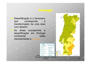 Portugal
Desertificação é o fenómeno
que
corresponde
à
transformação de uma área
num deserto.
deserto.
As áreas susceptíveis à
desertificação em Portugal
continental
estão
representadas a laranja.
laranja.

Perturbações no equilíbrio dos
ecossistemas - Efeitos das catástrofes
naturais

37

 