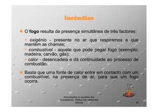 Incêndios
O fogo resulta da presença simultânea de três factores:
factores:
oxigénio - presente no ar que respiramos e que
mantém as chamas;
chamas;
combustível - aquele que pode pegar fogo (exemplo:
(exemplo:
madeira, carvão, gás);
gás);
calor - desencadeia e dá continuidade ao processo de
combustão.
combustão.
Basta que uma fonte de calor entre em contacto com um
combustível, na presença de ar, para que um fogo
ocorra.
ocorra.

Perturbações no equilíbrio dos
ecossistemas - Efeitos das catástrofes
naturais

38

 