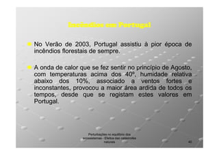 Incêndios em Portugal
No Verão de 2003, Portugal assistiu à pior época de
2003,
incêndios florestais de sempre.
sempre.
A onda de calor que se fez sentir no princípio de Agosto,
com temperaturas acima dos 40º, humidade relativa
40º,
abaixo dos 10%, associado a ventos fortes e
10%
inconstantes, provocou a maior área ardida de todos os
tempos, desde que se registam estes valores em
Portugal.
Portugal.

Perturbações no equilíbrio dos
ecossistemas - Efeitos das catástrofes
naturais

40

 