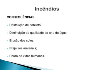 CONSEQUÊNCIAS:
 Destruição de habitats;
 Diminuição da qualidade do ar e da água;
 Erosão dos solos;
 Prejuízos materiais;
 Perda de vidas humanas.
 