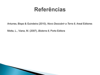 Antunes, Bispo & Guindeira (2010), Novo Descobrir a Terra 8, Areal Editores
Motta, L., Viana, M. (2007), Bioterra 8, Porto Editora
 
