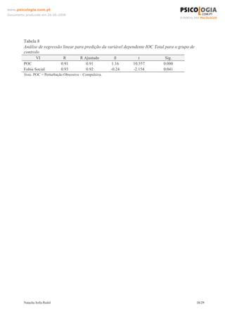 www.psicologia.com.pt
Documento produzido em 26-06-2008




         Tabela 8
         Análise de regressão linear para predição da variável dependente IOC Total para o grupo de
         controlo
                VI              R        R Ajustado        ß        t            Sig.
         POC                   0.91           0.91         1.16    10.557         0.000
         Fobia Social          0.93           0.92         -0.24   -2.154         0.041
         Nota. POC = Perturbação Obsessiva – Compulsiva.




         Natacha Sofia Redol                                                                          18/29
 