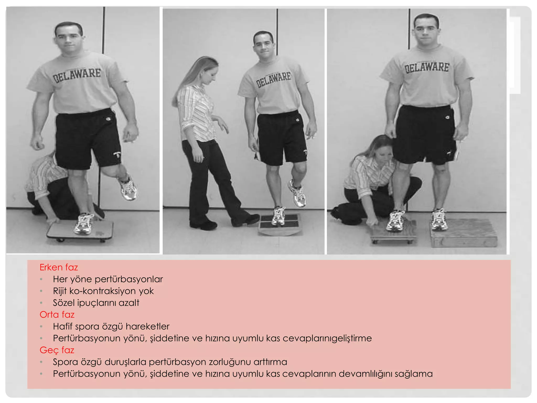 Erken faz 
• Her yöne pertürbasyonlar 
• Rijit ko-kontraksiyon yok 
• Sözel ipuçlarını azalt 
Orta faz 
• Hafif spora özgü hareketler 
• Pertürbasyonun yönü, şiddetine ve hızına uyumlu kas cevaplarınıgeliştirme 
Geç faz 
• Spora özgü duruşlarla pertürbasyon zorluğunu arttırma 
• Pertürbasyonun yönü, şiddetine ve hızına uyumlu kas cevaplarının devamlılığını sağlama 
 