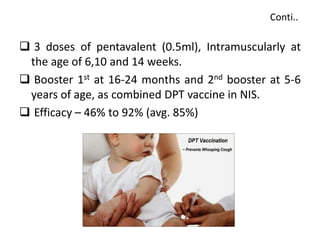 Conti..
 3 doses of pentavalent (0.5ml), Intramuscularly at
the age of 6,10 and 14 weeks.
 Booster 1st at 16-24 months and 2nd booster at 5-6
years of age, as combined DPT vaccine in NIS.
 Efficacy – 46% to 92% (avg. 85%)
 