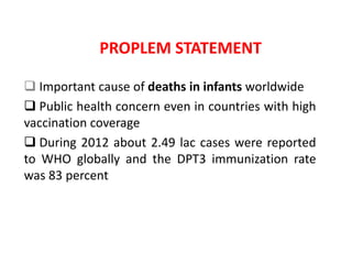 PROPLEM STATEMENT
 Important cause of deaths in infants worldwide
 Public health concern even in countries with high
vaccination coverage
 During 2012 about 2.49 lac cases were reported
to WHO globally and the DPT3 immunization rate
was 83 percent
 