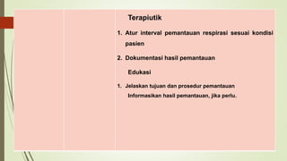 Terapiutik
1. Atur interval pemantauan respirasi sesuai kondisi
pasien
2. Dokumentasi hasil pemantauan
Edukasi
1. Jelaskan tujuan dan prosedur pemantauan
Informasikan hasil pemantauan, jika perlu.
 