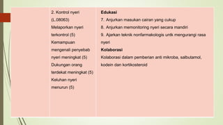 2. Kontrol nyeri
(L.08063)
Melaporkan nyeri
terkontrol (5)
Kemampuan
mengenali penyebab
nyeri meningkat (5)
Dukungan orang
terdekat meningkat (5)
Keluhan nyeri
menurun (5)
Edukasi
7. Anjurkan masukan cairan yang cukup
8. Anjurkan memonitoring nyeri secara mandiri
9. Ajarkan teknik nonfarmakologis untk mengurangi rasa
nyeri
Kolaborasi
Kolaborasi dalam pemberian anti mikroba, salbutamol,
kodein dan kortikosteroid
 