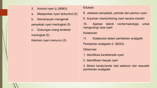 2. Kontrol nyeri (L.08063)
a. Melaporkan nyeri terkontrol (5)
b. Kemampuan mengenali
penyebab nyeri meningkat (5)
c. Dukungan orang terdekat
meningkat (5)
Keluhan nyeri menurun (5)
Edukasi
8. Jelaskan penyebab, periode dan pemicu nyeri
9. Anjurkan memonitoring nyeri secara mandiri
10. Ajarkan teknik nonfarmakologis untuk
mengurangi rasa nyeri
Kolaborasi
11. Kolaborasi dalam pemberian analgetik
Pemberian analgesik (I. 08243)
Observasi
1. Identfikasi karakteristik nyeri
2. Identifikasi riwayat nyeri
3. Moitor tanda-tanda vital sebelum dan sesudah
pemberian analgesik
 