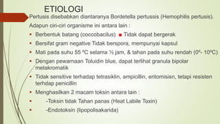 ETIOLOGI
Pertusis disebabkan diantaranya Bordetella pertussis (Hemophilis pertusis).
Adapun ciri-ciri organisme ini antara lain :
 Berbentuk batang (coccobacilus) ■ Tidak dapat bergerak
 Bersifat gram negative Tidak berspora, mempunyai kapsul
 Mati pada suhu 55 ºC selama ½ jam, & tahan pada suhu rendah (0º- 10ºC)
 Dengan pewarnaan Toluidin blue, dapat terlihat granula bipolar
metakromatik
 Tidak sensitive terhadap tetrasiklin, ampicillin, eritomisisn, tetapi resisten
terhdap penicillin
 Menghasilkan 2 macam toksin antara lain :
 -Toksin tidak Tahan panas (Heat Labile Toxin)
 -Endotoksin (lipopolisakarida)
 