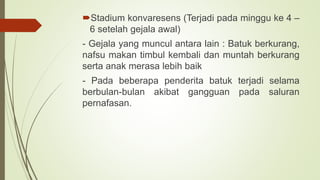 Stadium konvaresens (Terjadi pada minggu ke 4 –
6 setelah gejala awal)
- Gejala yang muncul antara lain : Batuk berkurang,
nafsu makan timbul kembali dan muntah berkurang
serta anak merasa lebih baik
- Pada beberapa penderita batuk terjadi selama
berbulan-bulan akibat gangguan pada saluran
pernafasan.
 