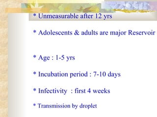 * Unmeasurable after 12 yrs
* Adolescents & adults are major Reservoir
* Age : 1-5 yrs
* Incubation period : 7-10 days
* Infectivity : first 4 weeks
* Transmission by droplet
 