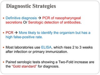 Diagnostic Strategies
 Definitive diagnosis  PCR of nasopharyngeal
secretions Or Serologic detection of antibodies.
 PCR  More likely to identify the organism but has a
high false-positive rate.
 Most laboratories use ELISA, which rises 2 to 3 weeks
after infection or primary immunization.
 Paired serologic tests showing a Two-Fold increase are
the “Gold standard” for diagnosis.
 