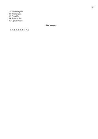 12
A. Erythromycin
B. Rifampicin
C. Penicillin
D. Tetracycline
E. Ciprofloxacin
Test answers
1-A, 2-A, 3-B, 4-E, 5-A.
 
