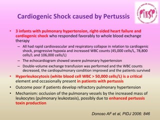 Cardiogenic Shock caused by Pertussis
• 3 infants with pulmonary hypertension, right-sided heart failure and
cardiogenic shock who responded favorably to whole blood exchange
therapy
– All had rapid cardiovascular and respiratory collapse in relation to cardiogenic
shock, progressive hypoxia and increased WBC counts (45,000 cells/L, 78,800
cells/L and 106,000 cells/L)
– The echocardiogram showed severe pulmonary hypertension
– Double-volume exchange transfusion was performed and the WBC counts
decreased, the cardiopulmonary condition improved and the patients survived
• Hyperleukocytosis (white blood cell WBC > 50,000 cells/L) is a critical
element and occasionally present in patients with pertussis
• Outcome poor if patients develop refractory pulmonary hypertension
• Mechanism: occlusion of the pulmonary vessels by the increased mass of
leukocytes (pulmonary leukostasis), possibly due to enhanced pertussis
toxin production
Donoso AF et al, PIDJ 2006: 846
 