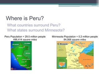 Where is Peru?What countries surround Peru?What states surround Minnesota?Minnesota Population = 5.2 million people84,068 square milesPeru Population = 29.5 million people496,414 square miles