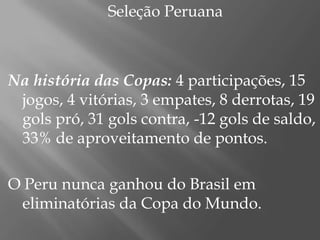                          Seleção Peruana Na história das Copas: 4 participações, 15 jogos, 4 vitórias, 3 empates, 8 derrotas, 19 gols pró, 31 gols contra, -12 gols de saldo, 33% de aproveitamento de pontos.O Peru nunca ganhou do Brasil em eliminatórias da Copa do Mundo.