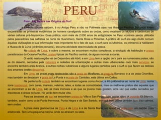 PERU
             Peru - Em Busca das Origens do Surf

               Embora poucos saibam, é no Antigo Peru e não na Polinesia nem nas ilhas do Pacífico Sur onde foram
encontradas as primeiras evidências de homens cavalgando sobre as ondas, como mostram os tecidos e cerâmicas de
várias culturas pré-hispanicas. Essa prática, com mais de 2.000 anos de antigüidade no Peru, continua sendo utilizada
pelos pescadores das calhetas no norte de Huanchaco, Santa Rosa e Pimentel. A prática do surf era algo muito comum
àquelas civilizações e sua informação mais importante foi o fato de que, o surf para os Mochica, os primeiros a habitarem
a Huaca de la Luna (pirâmide peruana), era uma atividade desvinculada da pesca.
               Na cidade de Lima, e sobre a mesma, se encontram muitos complexos, a evolução da habitação e praias
paradisíacas do Oceano Pacífico, praias típicas do Pacífico central, de águas mornas e claras.
               O verão nesta região vai de Dezembro até Abril, e em Lima tem a opção de ir para as numerosas praias, são
as do deserto, cercadas pela natureza e isoladas da urbanização e outras mais urbanizadas com mais serviços, se
encontra também areia branca, e outras rochas vulcânicas e alguns lugares perfeitos para o surf, e que fazem as delicias
dos amantes destes desportos.
               Em Lima, as praias mais destacadas são a praia de Miraflores, a praia de Barranco e a de praia Chorrillos,
mas também se destacam a praia de La Punta e a praia de Cantolao, esta última em Callao.
               Na periferia da cidade também se encontram lugares como Ancon, a 40 quilómetros ao norte de Lima, numa
zona residencial, com bares, marinas, veleiros, iates, e todas as comodidades, mas os melhores pratos são aqueles que
se encontram a sul de Lima, são as mais incríveis e as que os jovens mais gostam, uma vez que estão cercados por
discotecas e áreas de lazer. No verão tem muita vida.
               Para os amantes do surf se encontram praias de Villa e San Pedro, com ondas altas. A praia de El Silencio,
também, assim como a de Punta Hermosa, Punta Negra e de San Bartolo, embora este último também tem diaa calmos,
sem ondas.
               A praia mais glamourosa de Peru e de Lima é a de Santa Maria, um resort de praia com um padrão mais
aristocrata. Tem uma pequena marina, onde se atracam os iates.
 
