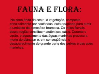 Fauna e Flora:
Na zona árida da costa, a vegetação, composta
principalmente por cactáceas, está adaptada para atrair
a umidade da atmosfera brumosa. Os vales fluviais
dessa região constituem autênticos oásis. Durante o
verão, o aquecimento das águas marinhas provoca a
morte do plâncton e, em conseqüência, o
desaparecimento de grande parte dos peixes e das aves
marinhas.

 