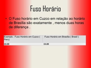 Fuso Horário
• O Fuso horário em Cuzco em relação ao horário
de Brasília são exatamente , menos duas horas
de diferença .
Exemplo : Fuso Horário em Cuzco (
Peru)
13:20

Fuso Horário em Brasília ( Brasil )
15:20

 