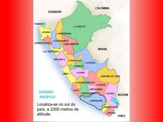 Arequipa

Localiza-se no sul do
país, a 2300 metros de
altitude.

 