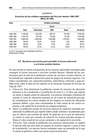 666 GASTO PÚBLICO EN SERVICIOS SOCIALES BÁSICOS EN AMÉRICA LATINA Y EL CARIBE
4.5. Recursos necesarios para permitir el acceso universal
a servicios sociales básicos
En esta sección se realiza estimaciones de los recursos adicionales necesarios para
conseguir el acceso universal a servicios sociales básicos. Además de las esti-
maciones para el total de la población carente de servicios sociales básicos, se
ha incluido por separado estimaciones para los grupos de menores ingresos. Los
rubros considerados son: educación primaria, salud básica, nutrición y agua po-
table rural, sobre la base de los reportes en la Encuesta Nacional de Niveles de
Vida de 1997.
a. Educación. Para determinar la población carente de servicios de educación
primaria se ha considerado a la población de entre 6 y 15 años que reportó
no asistir a ningún centro de educación. Los precios estimados resultaron de
estimar el costo de educación primaria en un centro de educación privado.
Se consideraron los costos anuales de los hogares en centros de educación
primaria debido a que estos corresponden al valor actual de los costos co-
rrientes y de capital de la inversión en colegios primarios.
b. Salud. La población carente de servicios básicos de salud fue estimada con-
siderando la población que reportó haber estado enferma o accidentado pero
que no obtuvo una consulta de salud. Al igual que en el caso de educación,
se estimó el costo por consulta de salud de los centros privados porque re-
flejan el valor actual de los costos corrientes y de capital de la inversión.
c. Nutrición. Para estimar la población con carencias nutricionales se empleó
la tasa de talla por peso para los grupos de menores ingresos y para el total
de la población. Los precios fueron estimados como un promedio de lo que
le cuesta al gobierno cubrir una ración anual de alimentos.
CUADRO 9
Evolución de los créditos contratados del Perú por destino 1980-1997
(Miles de US$)
Años Créditos Contratados
Social
Total Total Social SSB Resto No Social
1980-1985 7.136.544 1.372.239 859.710 512.529 5.764.305
1986-1990 1.579.776 235.150 173.000 62.150 1.344.626
1990-1997 9.289.345 3.463.939 1.983.988 1.479.951 5.825.406
1980-1985 100,0% 19,2% 12,0% 7,2% 80,8%
1986-1990 100,0% 14,9% 11,0% 3,9% 85,1%
1990-1997 100,0% 37,3% 21,4% 15,9% 62,7%
FUENTE: Congreso de la República del Perú.
Elaboración: Propia
 