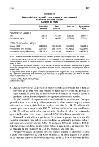 667PERÚ
d. Agua potable rural. La población objetivo estaba conformada por el total de
personas en el área rural que reportó no tener acceso a una red pública de
agua potable. El costo fue estimado como un promedio de lo que le cuesta al
gobierno construir una red pública de agua potable en áreas rurales.
En el Cuadro Nº 10 se presentan los resultados de las estimaciones. Desagre-
gando los tipos de servicios y utilizando dólares de 1996, se observa que el acceso
universal a servicios sociales básicos requiere, cada año, de US$ 170 millones adi-
cionales para educación primaria, US$ 531 millones adicionales para salud básica
y US$ 150 millones adicionales para nutrición. Finalmente, el acceso universal a
agua potable en las zonas rurales requiere de US$ 358 millones, una sola vez.
Si consideramos sólo a la población de menores ingresos, los recursos adi-
cionales necesarios para cubrir las necesidades de educación primaria, salud y
nutrición son, respectivamente, US$ 108 millones, US$ 249 millones, US$ 83
millones. El acceso de los quintiles más pobres a agua potable en las zonas rura-
les requiere de una inversión de US$ 243 millones, una sola vez.
Para proveer acceso universal a servicios sociales durante los próximos 10 años,
el gasto total requerido es de US$ 8.869 millones. Si se limita el gasto a los quinti-
les de menores ingresos, la inversión requerida es de US$ 4.637 millones de dóla-
CUADRO 10
Gasto adicional requerido para proveer acceso universal
a Servicios Sociales Básicos
(Valores de 1996)
Educación Salud Nutrición Agua potable
Primaria Básica 3/ Rural
POBLACION SIN ACCESO 1/
Total 298.035 4.465.084 2.253.250 5.557.541
Quintiles más bajos 189.710 2.090.652 1.238.894 3.770.611
COSTO DE PROVISIÓN (1 AÑO) 2/
Unitario (US$) US$ 570,50 US$ 118,30 US$ 66,70 US$ 64,40
Población total (US$ millones) US$ 170,04 US$ 530,79 US$ 150,29 US$ 357,80
Quintiles más bajos (US$ millones) US$ 108,24 US$ 248,53 US$ 82,634 US$ 242,76
NOTA: Las estimaciones se realizaron sobre la base de quintiles de gasto per cápita del hogar.
1/ Para el caso de educación, se consideró a la población de 6 a 15 años que no cuenta con edu-
cación primaria. Para el caso de nutrición se utilizó un indicador antropométrico que relaciona la
talla y el peso.
2/ Los gastos en educación primaria, salud básica y nutrición son anuales, mientras que el gasto
necesario para proveer acceso a agua potable rural se realiza una sola vez y corresponde a la in-
versión total.
3/ Según la ENNIV’ 1997, el gasto promedio per cápita de los hogares en salud, correspondiente a
las 4 semanas anteriores a la entrevista, fue de US$ 9,10. El gasto anual de US$ 118,30 fue esti-
mado multiplicando por 13.
FUENTE: ENNIV, 1997. FONCODES.
Elaboración propia.
 