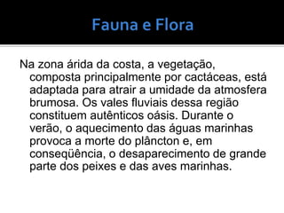 Na zona árida da costa, a vegetação,
composta principalmente por cactáceas, está
adaptada para atrair a umidade da atmosfera
brumosa. Os vales fluviais dessa região
constituem autênticos oásis. Durante o
verão, o aquecimento das águas marinhas
provoca a morte do plâncton e, em
conseqüência, o desaparecimento de grande
parte dos peixes e das aves marinhas.
 