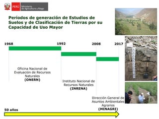 Períodos de generación de Estudios de
Suelos y de Clasificación de Tierras por su
Capacidad de Uso Mayor
1992 20081968 2017
Oficina Nacional de
Evaluación de Recursos
Naturales
(ONERN) Instituto Nacional de
Recursos Naturales
(INRENA)
Dirección General de
Asuntos Ambientales
Agrarios
(MINAGRI)50 años
 