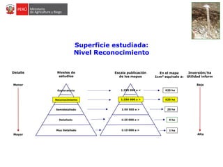 Superficie estudiada:
Nivel Reconocimiento
0111|
Muy Detallado
Detallado
Semidetallado
Reconocimiento
Exploratorio
Menor
Mayor
Niveles de
estudios
0111|
1:250 000 a <
1:10 000 a >
1:20 000 a >
1:50 000 a >
1:250 000 a >
Escala publicación
de los mapas
En el mapa
1cm2 equivale a:
625 ha
1 ha
4 ha
25 ha
625 ha
Detalle Inversión/ha
Utilidad inform
Baja
Alta
 