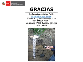 GRACIAS
Mg.Sc. Alberto Cortez Farfán
acortez@minagri.gob.pe
Central (511) 2098800 anexo 4155
Cel. (511) 994532555
Jr. Yauyos Nª 258 Cercado de Lima
Lima 1 - Perú
 