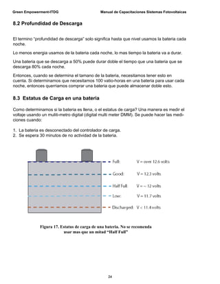 Green Empowerment-ITDG                       Manual de Capacitaciones Sistemas Fotovoltaicas


8.2 Profundidad de Descarga


El termino “profundidad de descarga” solo signiﬁca hasta que nivel usamos la bateria cada
noche.

Lo menos energia usamos de la bateria cada noche, lo mas tiempo la bateria va a durar.

Una bateria que se descarga a 50% puede durar doble el tiempo que una bateria que se
descarga 80% cada noche.

Entonces, cuando se determina el tamano de la bateria, necesitamos tener esto en
cuenta. Si determinamos que necesitamos 100 vatio-horas en una bateria para usar cada
noche, entonces querriamos comprar una bateria que puede almacenar doble esto.

8.3 Estatus de Carga en una bateria

Como determinamos si la bateria es llena, o el estatus de carga? Una manera es medir el
voltaje usando un muliti-metro digital (digital multi meter DMM). Se puede hacer las medi-
ciones cuando:

1. La bateria es desconectado del controlador de carga.
2. Se espera 30 minutos de no actividad de la bateria.




              Figura 17. Estatus de carga de una bateria. No se recomenda
                          usar mas que un mitad “Half Full”




                                                  24
 