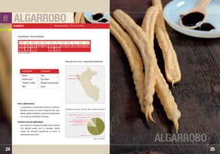 ALGARROBO
ALGARROBO
25
Nombre Científico: Prosopis pallida
La agroindustria ha desarrollado productos innovadores
derivados del polvo de la vaina de algarrobo tales como
bebidas, galletas fortificadas y suplementos nutricionales
como fuente de carbohidratos y proteínas.
Agro-industry has developed innovative products derived
from algarroba powder such as beverages, fortified
cookies and nutricional supplementes as source of
carbohydrates and proteins.
Disponibilidad / Export availability
Ubicación del recurso / Geographical distribution:
Usos y aplicaciones:
Common use and applications:
ALGARROBO
24
Harina
Extracto seco
Tostado y molido
Miel
Flour
Dry extract
Roasted and grounded
Syrup
Presentación Presentation
• Piura
• Lambayeque
ENE
JAN
FEB
FEB
MAR
MAR
ABR
APR
MAY
MAY
JUN
JUN
JUL
JUL
AGO
AUG
SET
SET
OCT
OCT
NOV
NOV
DIC
DEC
    
e
Fuente / Source: SUNAT
Estados Unidos / USA 45.31%
Australia / Australia 2.76%
Paises Bajos / Netherlands 3.19%
Italia / Italy 3.85%
Reino Unido / UK 4.64%
Chile 30,60%
Otros / Others 9.65%
Principales mercados Ene- Ago 2010 / Main markets Jan-Aug 2010
Fuente / Source: MINAG
 
