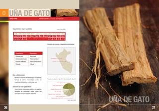 UÑA DE GATO
UÑA DE GATO
37
Nombre Científico: Uncaria tormentosa
Favorece la actividad antinflamatoria en el organismo,
fortalece el sistema inmunológico, cuenta con
propiedades antioxidantes y antimutagénicas.
Favors the anti-inflammatory activity in the organism,
strengthen the immunologic system, counts with
anti-oxidant and anti-mutagenic properties.
Usos y Aplicaciones:
Common use and applications:
CAT’S CLAW
36
Corteza seca
Corteza pulverizada
Extracto liofilizado
Filtrante
Dried bark
Pulverized bark
Freeze-dried extract
Filtered
• Ucayali
• San Martín
ENE
JAN
FEB
FEB
MAR
MAR
ABR
APR
MAY
MAY
JUN
JUN
JUL
JUL
AGO
AUG
SET
SET
OCT
OCT
NOV
NOV
DIC
DEC
Disponibilidad / Export availability
Ubicación del recurso / Geographical distribution:
      
Presentación Presentation
Fuente / Source: SUNAT
o
Estados Unidos / USA 21,50%
Japón / Japan 21,97%
Otros / Others 22,01%
Alemania / Germany 4,50%
Francia / France 15,27%
Federacion Rusia / Russia 8,27%
Italia / Italy 6,49%
Principales mercados Ene. ˆ Ago. 2010 / Main markets Jan. ˆ Aug. 2010
Fuente / Source: MINAG
 