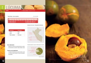 LÚCUMA
LÚCUMA
13
Nombre Científico: Pouteria lucuma
Además de su consumo como producto gourmet, se utiliza
como saborizante en repostería, helados, bebidas y salsas.
This tasty fruit besides being a gourmet product, is used
as a flavoring in pastry making, ice creams and beverages
and dressings.
Usos y Aplicaciones:
Common use and applications:
LUCUMA
ENE
JAN
FEB
FEB
MAR
MAR
ABR
APR
MAY
MAY
JUN
JUN
JUL
JUL
AGO
AUG
SET
SET
OCT
OCT
NOV
NOV
DIC
DEC
      
Fresco
Harina
Pulpa congelada
Fresh
Flour
Frozen pulp
Presentación Presentation
• Ayacucho
• La Libertad
• Cajamarca
• Huancavelica
• Lima
• Arequipa
Ubicación del recurso / Geographical distribution:
12
Disponibilidad / Export availability
Fuente / Source: SUNAT
f
Principales mercados Ene. ˆ Ago. 2010 / Main markets Jan. ˆ Aug. 2010
Estados Unidos / USA 45,31%
Chile 30,60%
Reino Unido / UK 4,64%
Italia / Italy 3,85%
Paises Bajos / Netherlands 3,19%
Australia 2,76%
Otros / Others 9,65%
Fuente / Source: MINAG
 