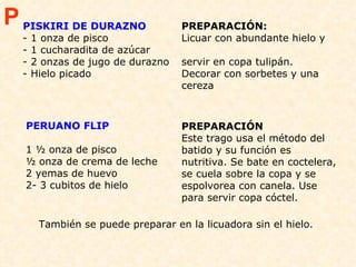 PISKIRI DE DURAZNO - 1 onza de pisco - 1 cucharadita de azúcar - 2 onzas de jugo de durazno - Hielo picado PREPARACIÓN: Licuar con abundante hielo y  servir en copa tulipán. Decorar con sorbetes y una cereza  P PERUANO FLIP 1 ½ onza de pisco ½ onza de crema de leche 2 yemas de huevo 2- 3 cubitos de hielo PREPARACIÓN Este trago usa el método del batido y su función es nutritiva. Se bate en coctelera, se cuela sobre la copa y se espolvorea con canela. Use para servir copa cóctel. También se puede preparar en la licuadora sin el hielo. 