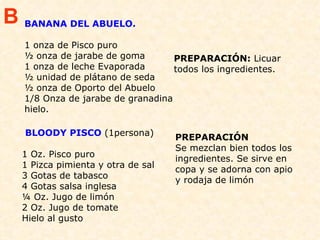 BANANA DEL ABUELO. 1 onza de Pisco puro  ½ onza de jarabe de goma  1 onza de leche Evaporada ½ unidad de plátano de seda  ½ onza de Oporto del Abuelo  1/8 Onza de jarabe de granadina  hielo. PREPARACIÓN:  Licuar todos los ingredientes. B BLOODY PISCO   (1persona) 1 Oz. Pisco puro 1 Pizca pimienta y otra de sal 3 Gotas de tabasco 4 Gotas salsa inglesa ¼ Oz. Jugo de limón 2 Oz. Jugo de tomate Hielo al gusto PREPARACIÓN Se mezclan bien todos los ingredientes. Se sirve en copa y se adorna con apio y rodaja de limón 
