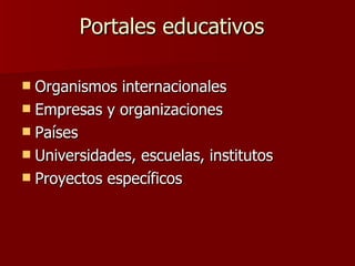 Portales educativos Organismos internacionales Empresas y organizaciones Países Universidades, escuelas, institutos Proyectos específicos 