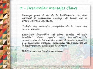 3.- Desarrollar mensajes Claves
Mensajes para el día de la biodiversidad, a nivel
nacional se desarrollan mensajes de temas que el
propio convenio adoptaba.
Trabajo con mensajes coloquiales de la zona con
canales radiales
Exposición fotográfica “el clima cambio mi vida
también”. Como ayuda para intensificar la
comprensión de los vínculos entre el cambio climático
y la diversidad biológica Exposición fotográfica día de
la biodiversidad. Exposición de pintura
Boletines institucionales del estado
 