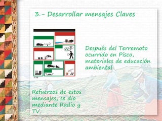 3.- Desarrollar mensajes Claves
Después del Terremoto
ocurrido en Pisco,
materiales de educación
ambiental
Refuerzos de estos
mensajes, se dio
mediante Radio y
TV.
 